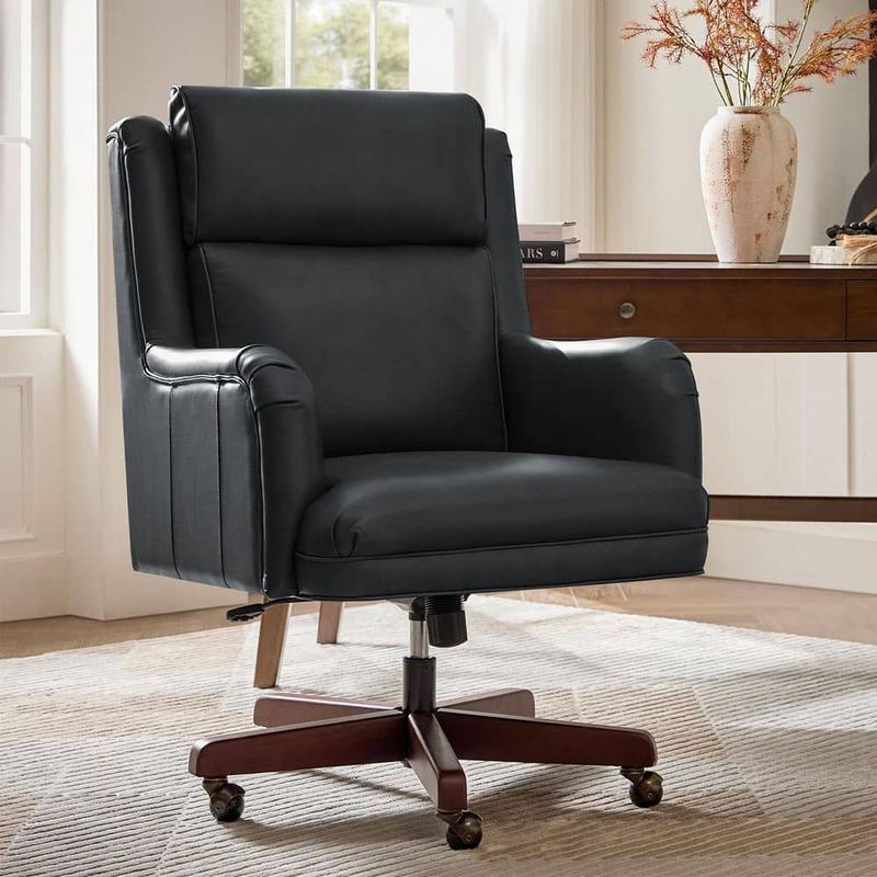 JAYDEN CREATION - Geofredo Black Traditional 42.5 in. H Genuine Leather Swivel Tilting Office Chair with Solid Wood Legs