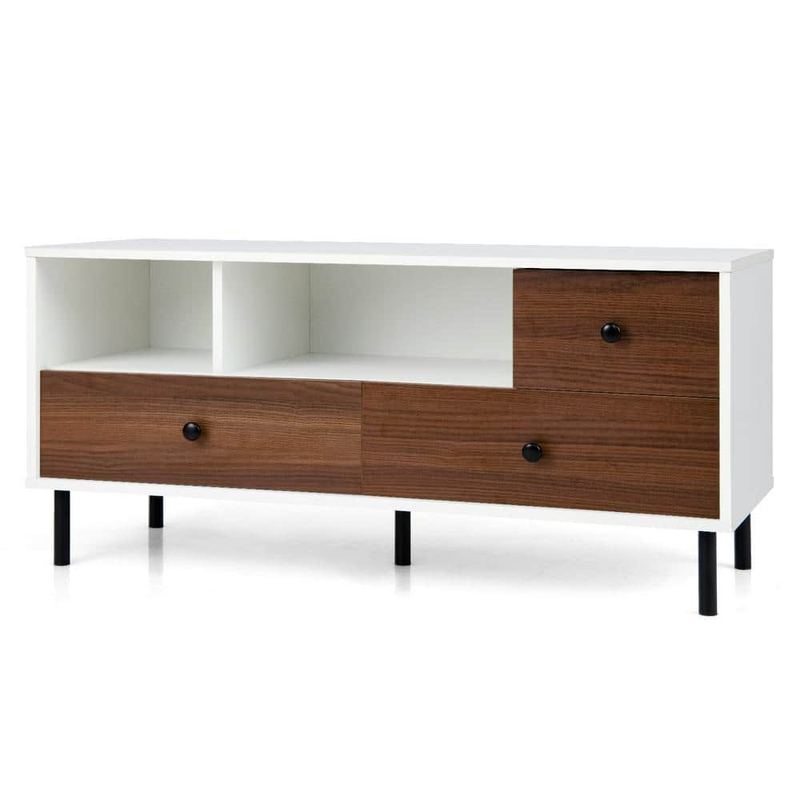 Costway - White and Walnut Mid-Century TV Stand Fits Up To 50 in. Media Entertainment Center Console with 2-Cubbies and 3-Drawers