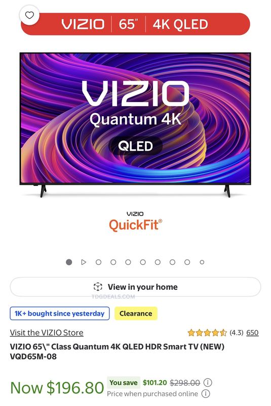 65" VIZIO Quantum 4K QLED Smart TV on clearance for just $196.80 at Walmart.