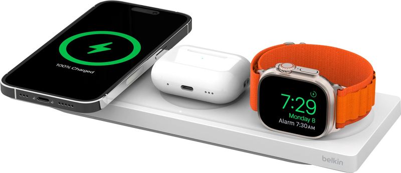 Belkin - MagSafe 3-in-1 Wireless Charging Pad - Fast Wireless Charging for Apple Watch for iPhone 17, 16, 15, 14 & AirPods - White