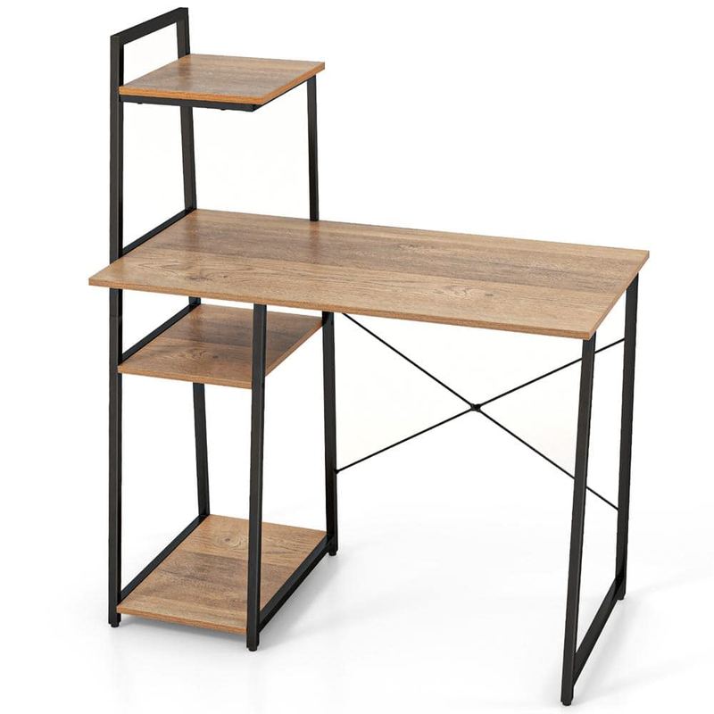 Costway - 38.5 in. Brown Computer Desk Study Writing Desk Workstation with Bookshelf