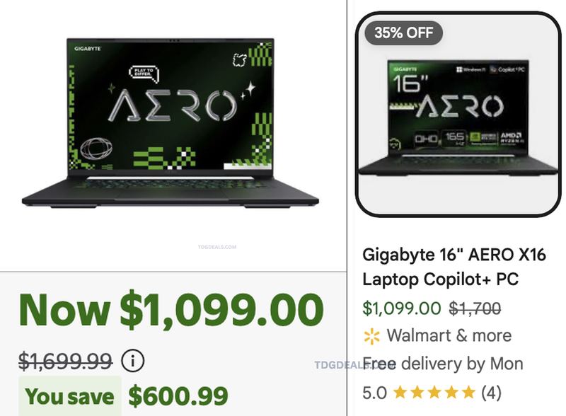 $600.99 OFF GIGABYTE AERO X16 GAMING LAPTOP NOW $1,099