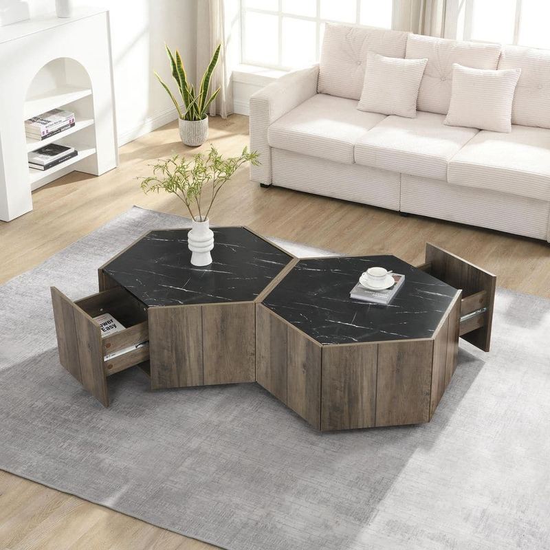 CHRISTOPHER KNIGHT HOME - Judson Retro 31.5 in. Light Brown and Black Hexagon Faux Marble MDF Top Coffee Table Set of 2 with Hidden Drawers