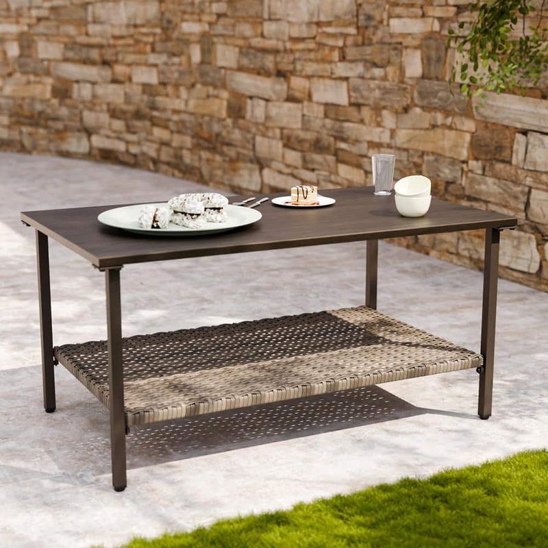 EAGLE PEAK - Rectangle Metal Wicker Outdoor Coffee Table with 2-Tier Storage Shelf