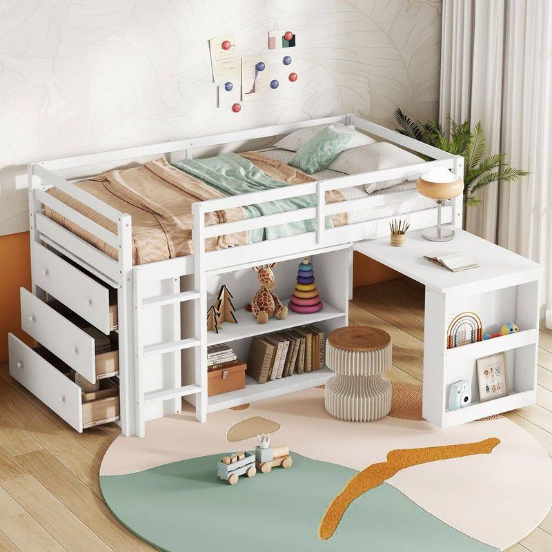 Qualler - White Twin Wood Loft Bed with Drawer Cabinet and Shelf Cabinet