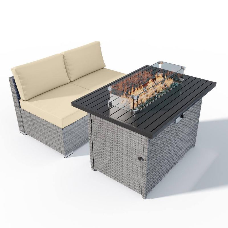 EAGLE PEAK - 3 Piece Outdoor Armless Wicker Sofa Set with Removable Cushions and Fire Table, Beige