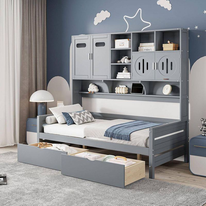 Nestfair - Gray Twin Size Wooden Daybed with All-in-One Cabinet, 2-Drawers and Shelf