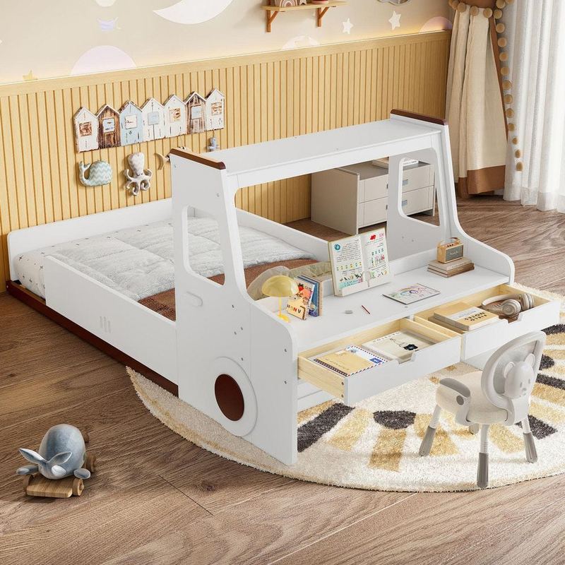 Polibi - Light White Twin Size Kids Bed with Interesting Car-shape Design, Storage Drawers