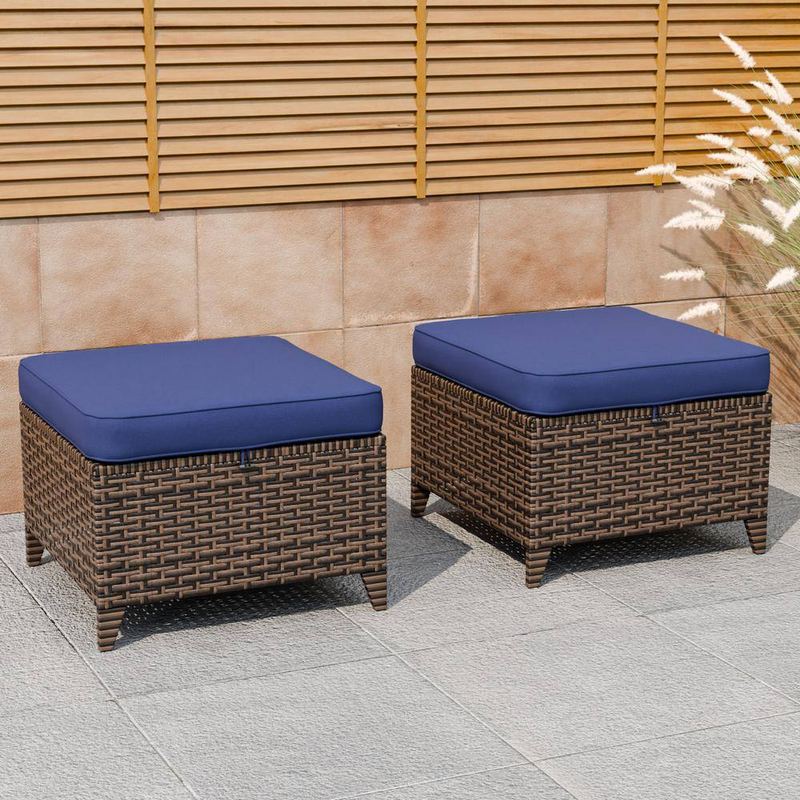 EAGLE PEAK - Brown Wicker Outdoor Patio Ottoman with Blue Cushions (Set of 2)