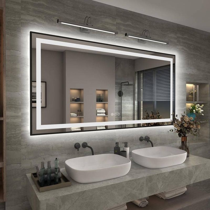 Apmir - 60 in. W x 30 in. H Rectangular Framed Front and Back LED Lighted Anti-Fog Wall Bathroom Vanity Mirror in Tempered Glass