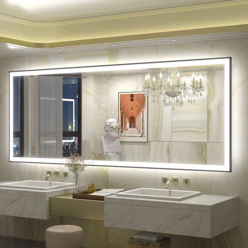 Apmir - 84 in.W x 32 in.H Rectangular Framed UL Certified Front and Back LED Anti-Fog Tempered Glass Wall Bathroom Vanity Mirror