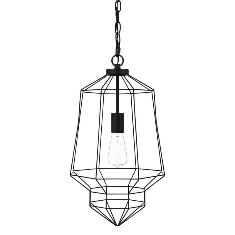 Hampton Bay - Winfield 1-Light Black Caged Pendant Light Fixture with Geometric Metal Shade
