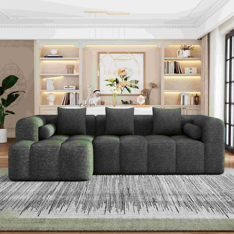 Polibi - 101.2 in. Rolled Arm Chenille L-Shaped with Deep Seating  and Two Side Pockets Sofa in Green