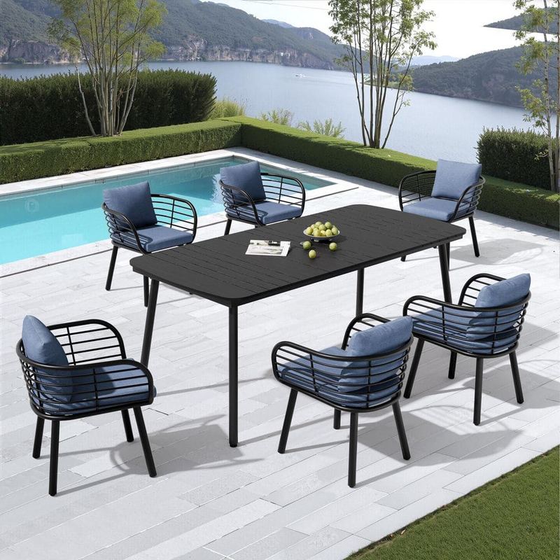 Pellebant - Black 7-Piece 71 in. Aluminum Wood-Like Patio Outdoor Dining Set with Sunbrella Blue Cushion Chair, Umbrella Hole Table