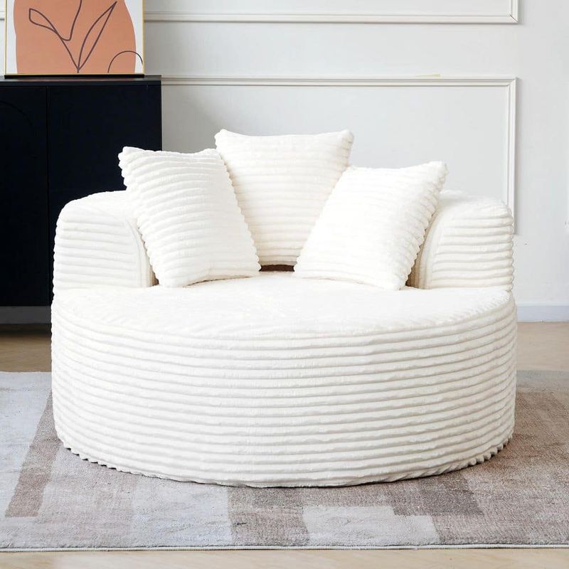 Magic Home - 50 in. Beige Corduroy Deep Seat Round Single Sofa with Pillow for Living Room, Bedroom Apartment