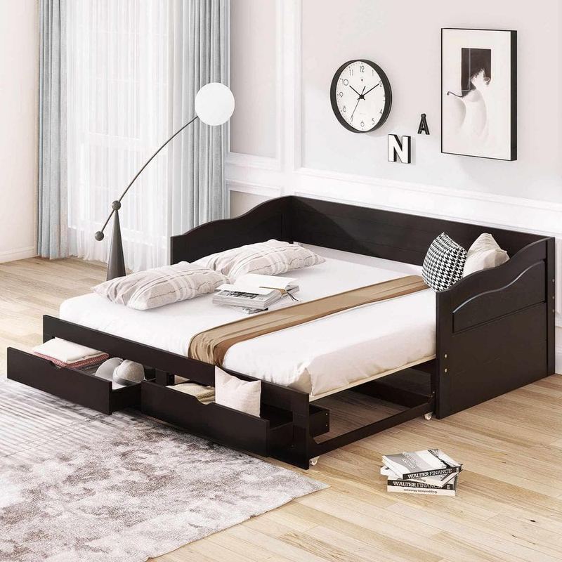 Polibi - Espresso Wooden Twin Daybed with Trundle Bed and Two Storage Drawers, Extendable Bed Daybed, Sofa Bed with Two Drawers