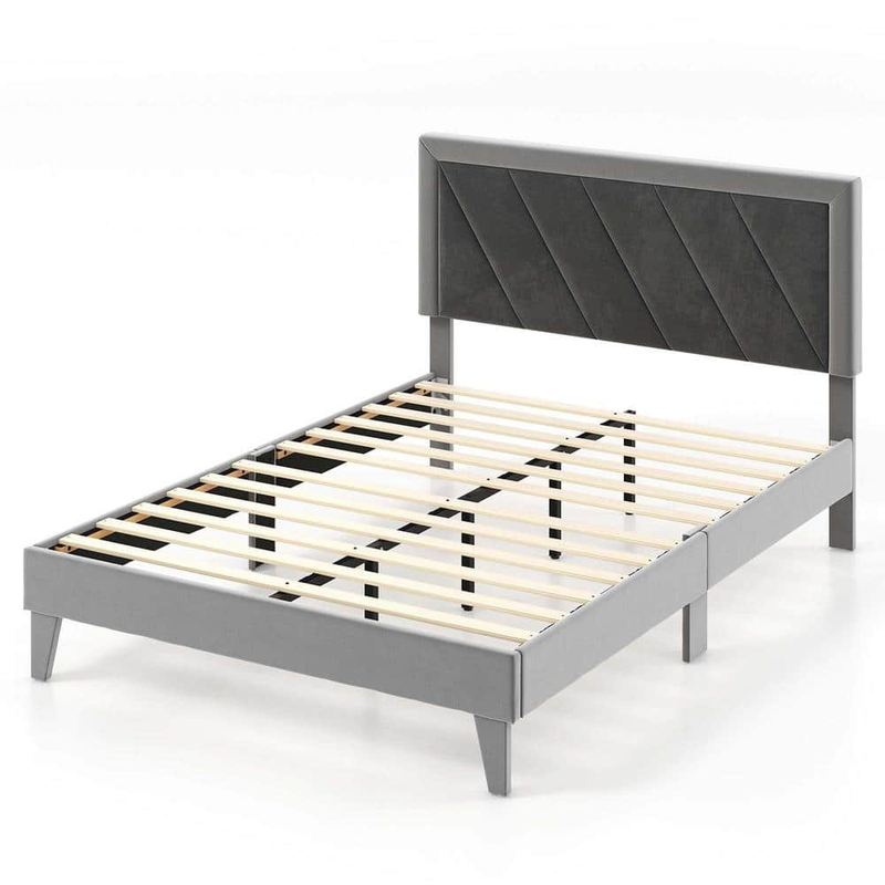 Costway - Full Size Bed Frame Upholstered Platform Velvet Headboard Wooden Slats Gray