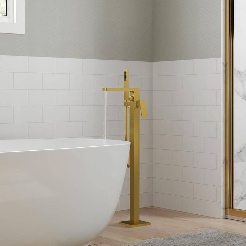 GRANDJOY - 2-Handle Floor Mount Freestanding Tub Faucet Claw Foot Tub Faucet Bathtub Filler with Hand Shower in Brushed Gold