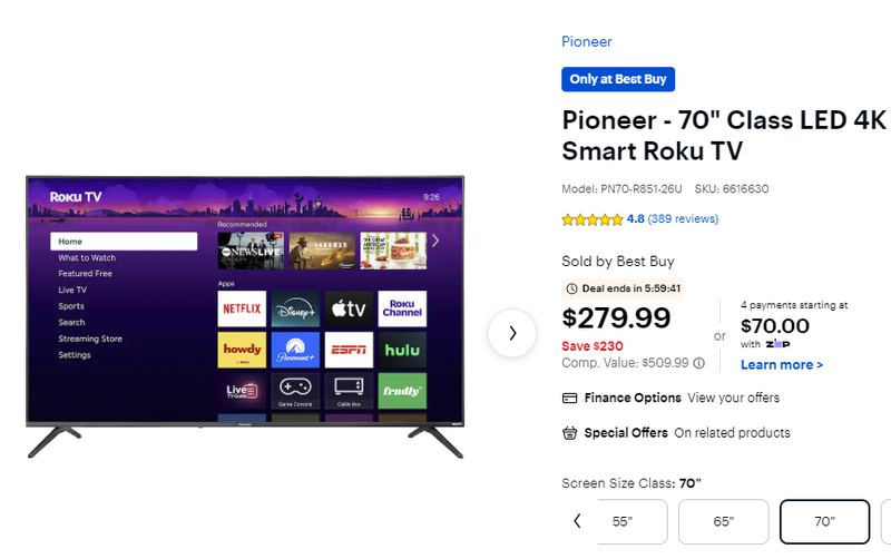 $279.99 - Roku TV Pioneer 70" Class LED 4K UHD Deal ends in 6h