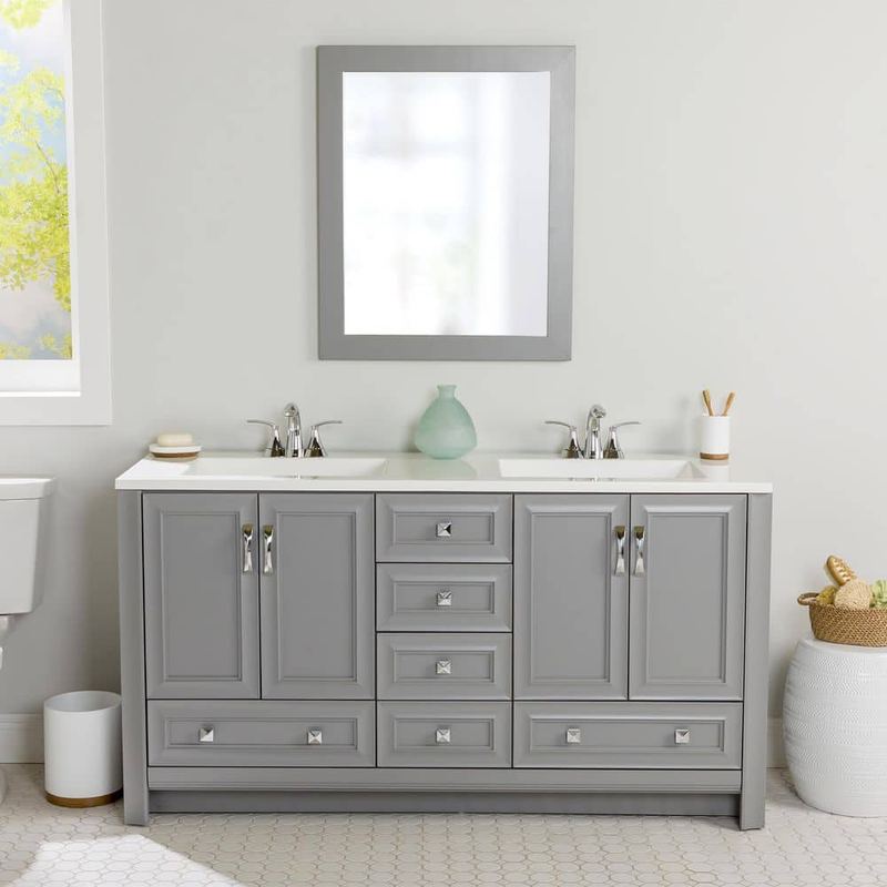 Glacier Bay - Candlesby 61 in. Double Sink Sterling Gray Freestanding Bath Vanity with White Cultured Marble Top (Assembled)