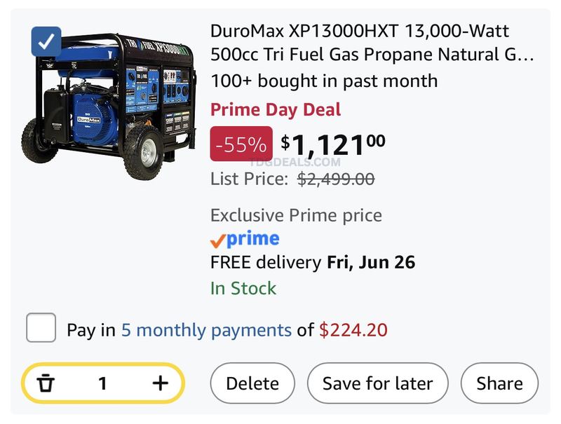 $1121 DuroMax XP13000HXT 13,000-Watt Tri-Fuel Portable Generator