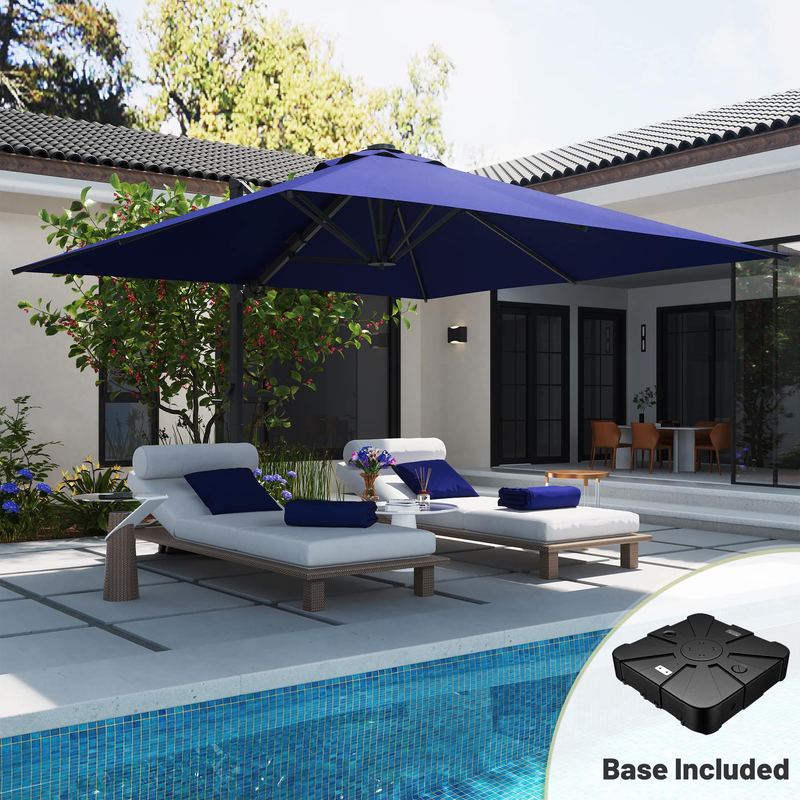 Mondawe - 10*10ft Large Patio Cantilever Umbrella with LED Light Panel and Base - Navy Blue