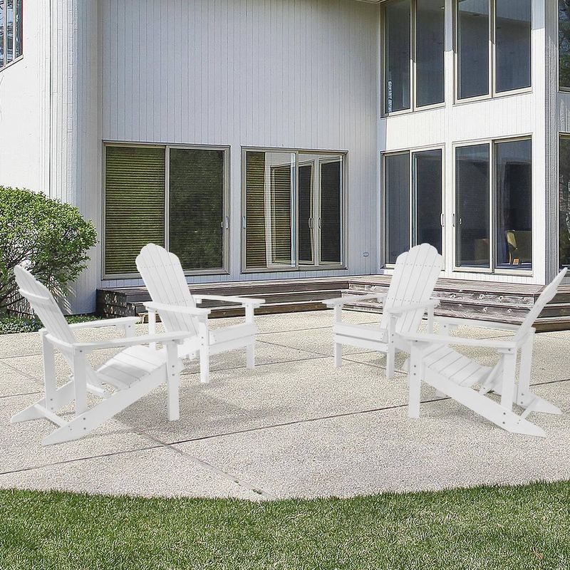 JOYESERY - White HDPE Plastic Foldable Adirondack Patio Chair Ergonomic Outdoor Furniture with Cup Holder, (Set of 4)