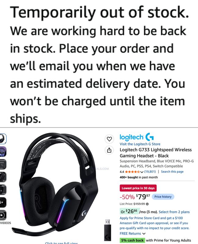 $159.99 LOGITECH G733 LIGHTSPEED WIRELESS HEADSET NOW $79.97