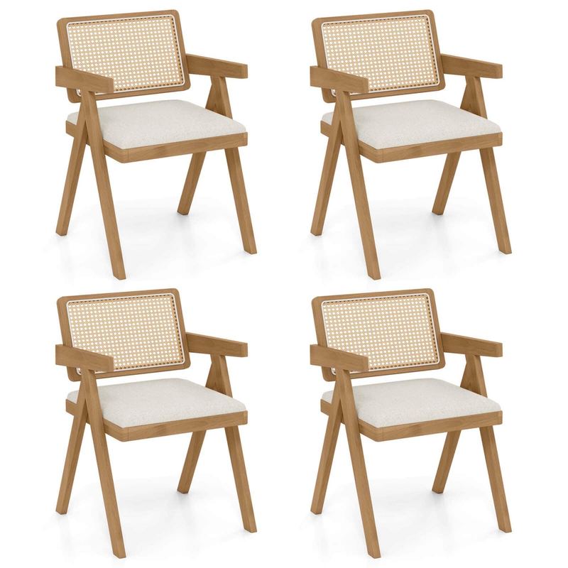 Costway - Set of 4 Rattan Accent Chairs Leathaire Dining Chairs Modern Living Room Chairs - White + Natural