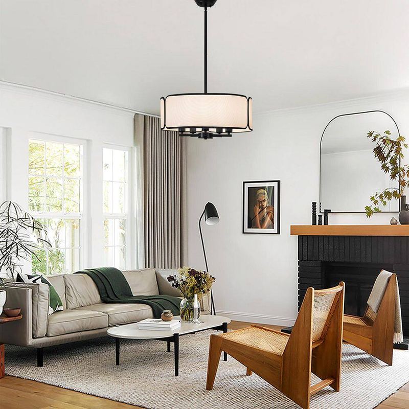 ADSENSTY - 5-Light Black Drum Chandelier Modern Candle Pendant Light Fixtures with Beige Fabric Shade for Dining Room