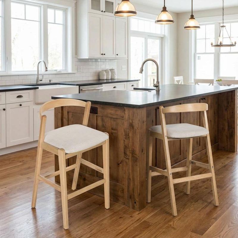 Polibi - 30 in. H Beige/Natural Rubber Wood Bar Stool with Fabric Seat Set of 2
