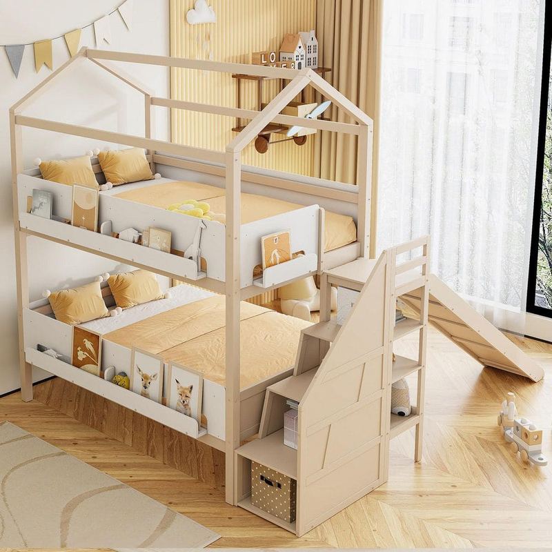 Polibi - Beige/White Twin Over Twin Bunk Bed with Slide and Storage Staircase