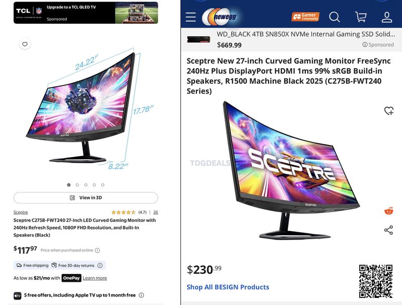 $229.99 Sceptre 27” Curved 240Hz Gaming Monitor for $117.97 at Walmart