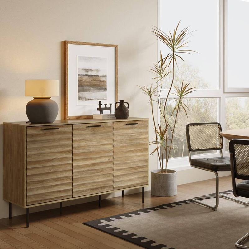 LuxenHome - Brown and Black 33.9 in. Mid-Century Modern Wave 3-Door Kitchen Sideboard Cabinet with Metal Legs