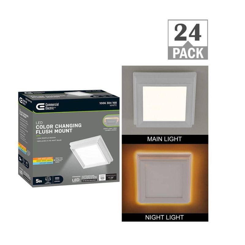 Commercial Electric - 5 in. White Square Thin Profile LED Flush Mount with Night Light 500 Lumens Adjustable CCT J-box Compatible (24-Pack)