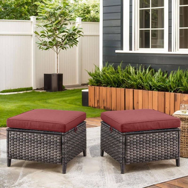 moosprr - Arcline Gray Wicker Outdoor Ottoman with Olefin Red Cushions Patio/ Porch (2-Pack)
