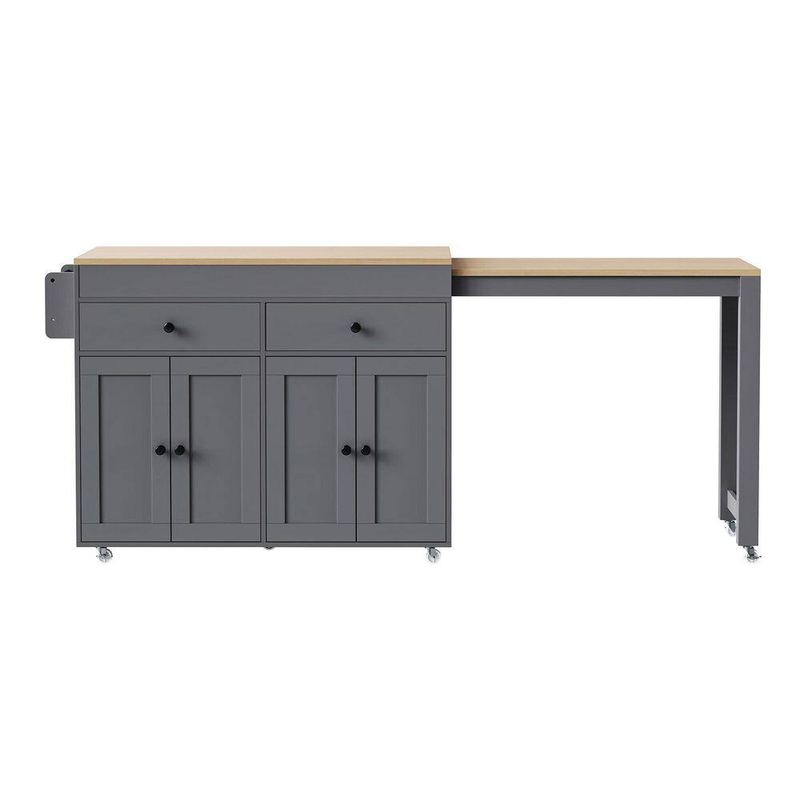 Nestfair - Gray Wood 74.5 in. Rolling Kitchen Island with Extendable Dining Table, 2 Drawers and Spice Rack