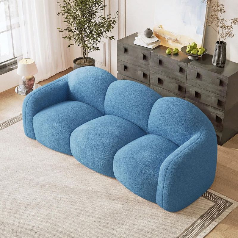 Magic Home - Bubble Sofa, 90 in. 3-Seater Premium Teddy Velvet Chaise Lounge Memory Foam Extra Deep Seat in Blue, No Assembly