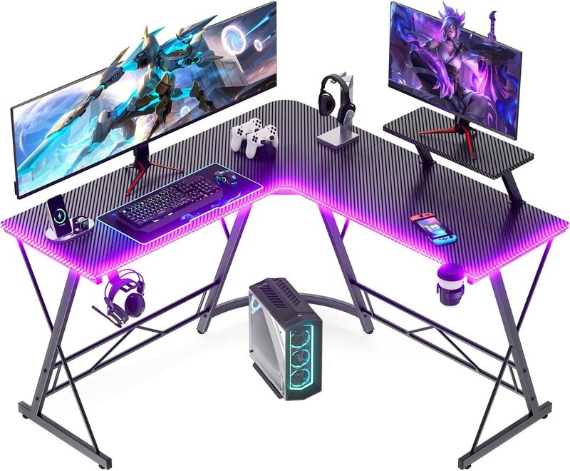 COQOOL - Gaming Desk with LED Lights, Computer Desk Home Office Desks with Large Monitor Stand, Carbon Fiber Surface, 51 Inch - Black