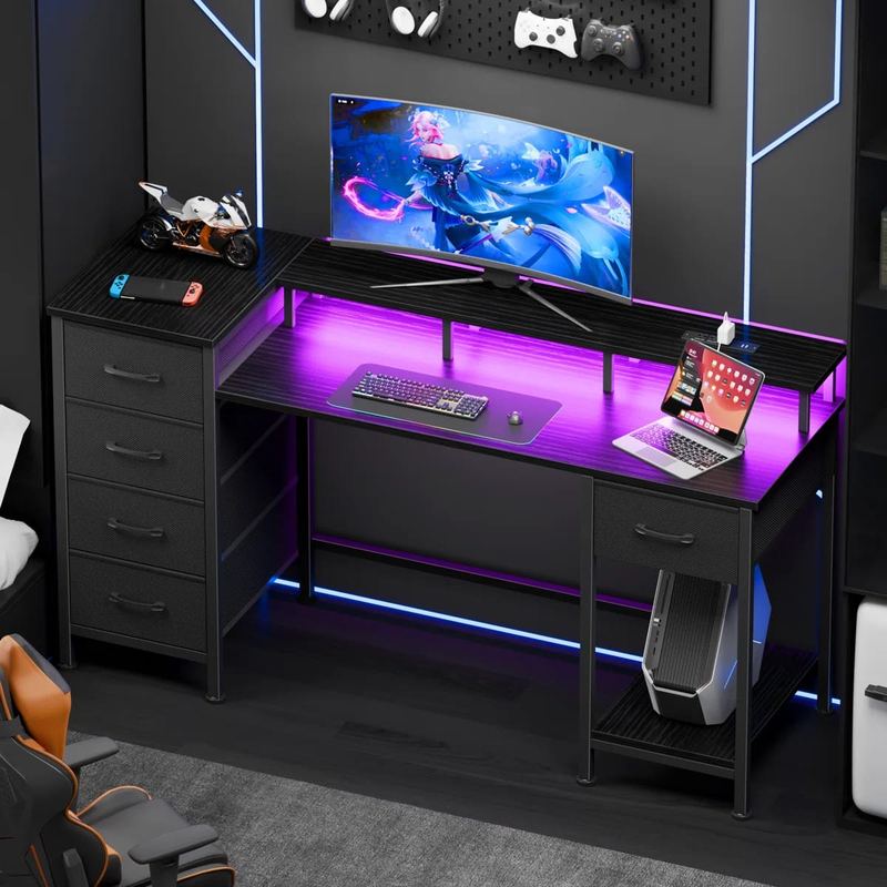 Furnulem - 61 Inch Computer Desk with 5 Fabric Storage Drawers Gaming Desk with Power Outlets and LED Lights - Black