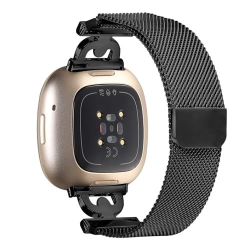 Feigand Metal Magnetic Band Compatible with Fitbit Versa 4/Sense 2/Versa 3/Sense, Stainless Steel Dressy Mesh Loop with D-Shape Diamond for Women (Black)