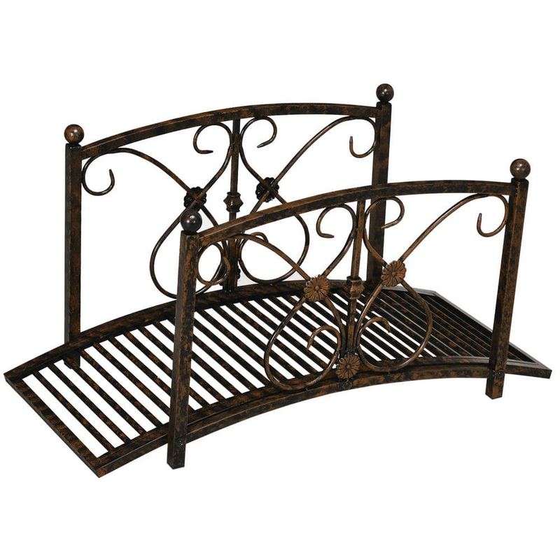 Otryad - 3.3 ft. Metal Arch Zen Garden Bridge with Safety Siderail Footbridge Delicate Floral Scrollwork Stream Fish Pond-Brown
