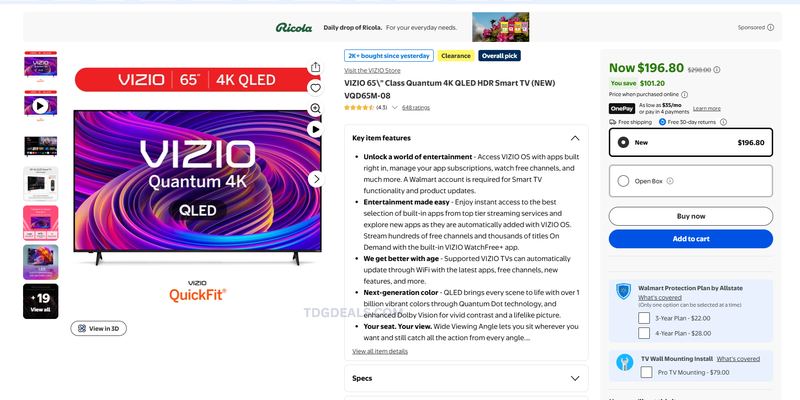65" VIZIO 4K QLED TV ONLY $196.80 at Walmart