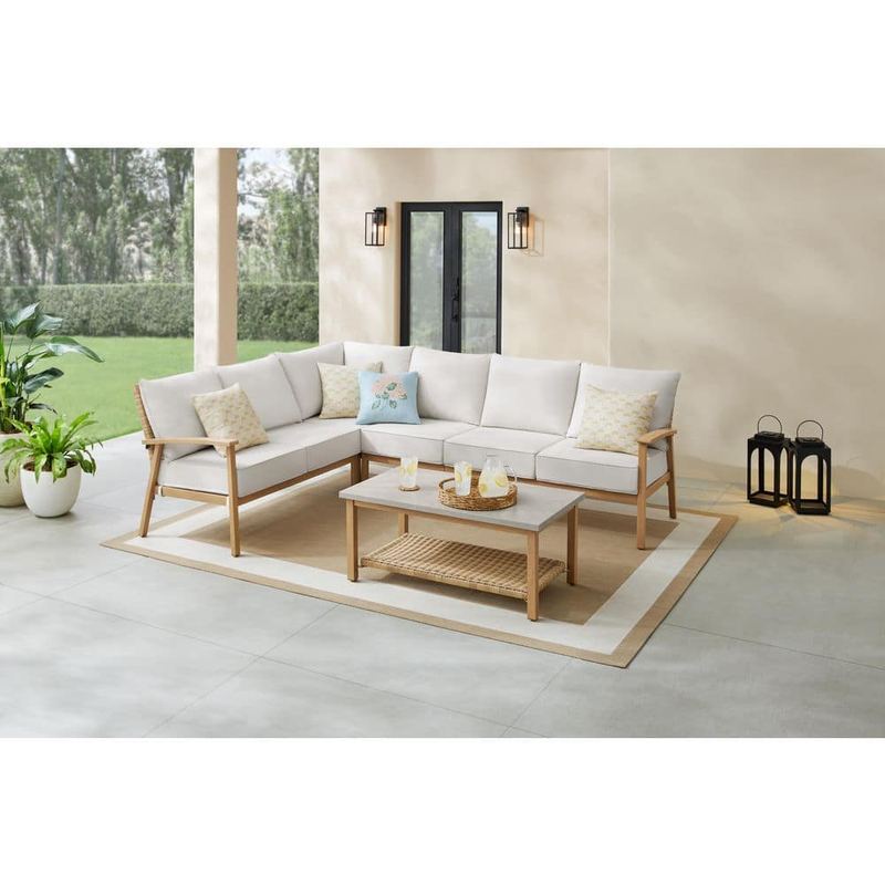 Hampton Bay - West Haven 5-Piece Wicker Outdoor Sectional Set with CushionGuard Almond Cushions