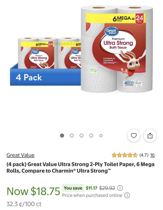 GREAT VALUE 24 MEGA ROLLS FOR $18.75