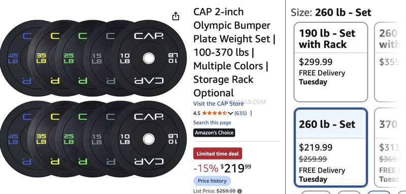 $259.99 CAP 260 LB OLYMPIC BUMPER PLATE SET NOW $219.99