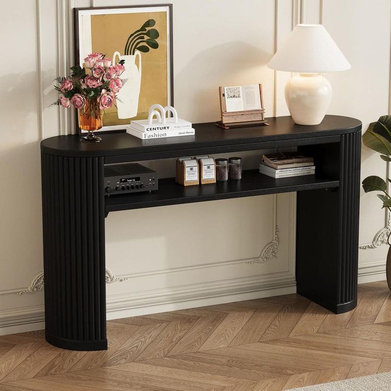 Harper & Bright Designs - 53.2 in. Black Oval Wood Console Table with Open Shelf and Elegant Fluted Legs
