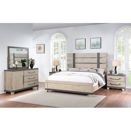 Arbela Wood Slatted Panel Bed with Dresser, Mirror, and Two Nightstands, King, Weathered Oak Finish
