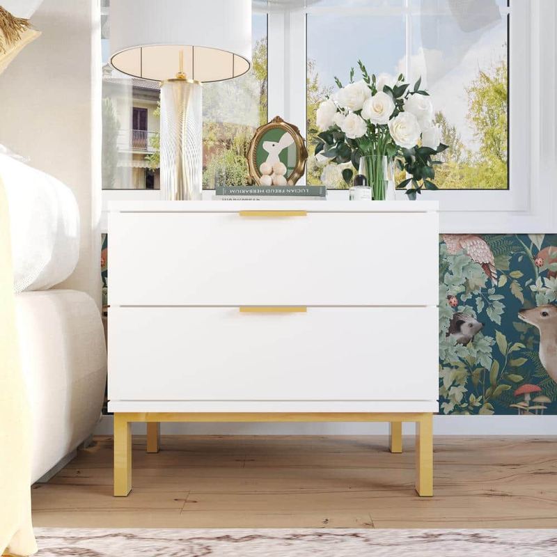 FUFU&GAGA - 2-Drawer White Wooden Nightstand Bedside Table with 4-Gold Metal Legs 15.7 in. D x 19.7 in. W x 17.9 in. H