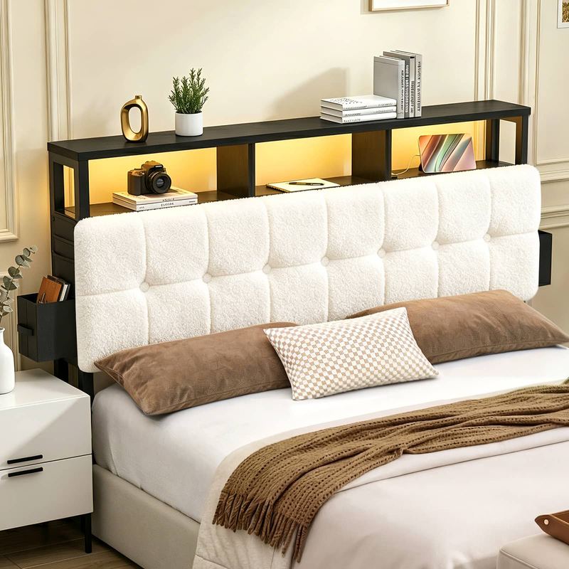 Pinmoco - Upholstered Headboard with Storage, Charging Station & LED Light, Headboard Only - Off-white